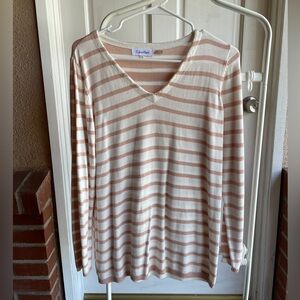 Calvin Klein Pink and White V-Neck Sweater